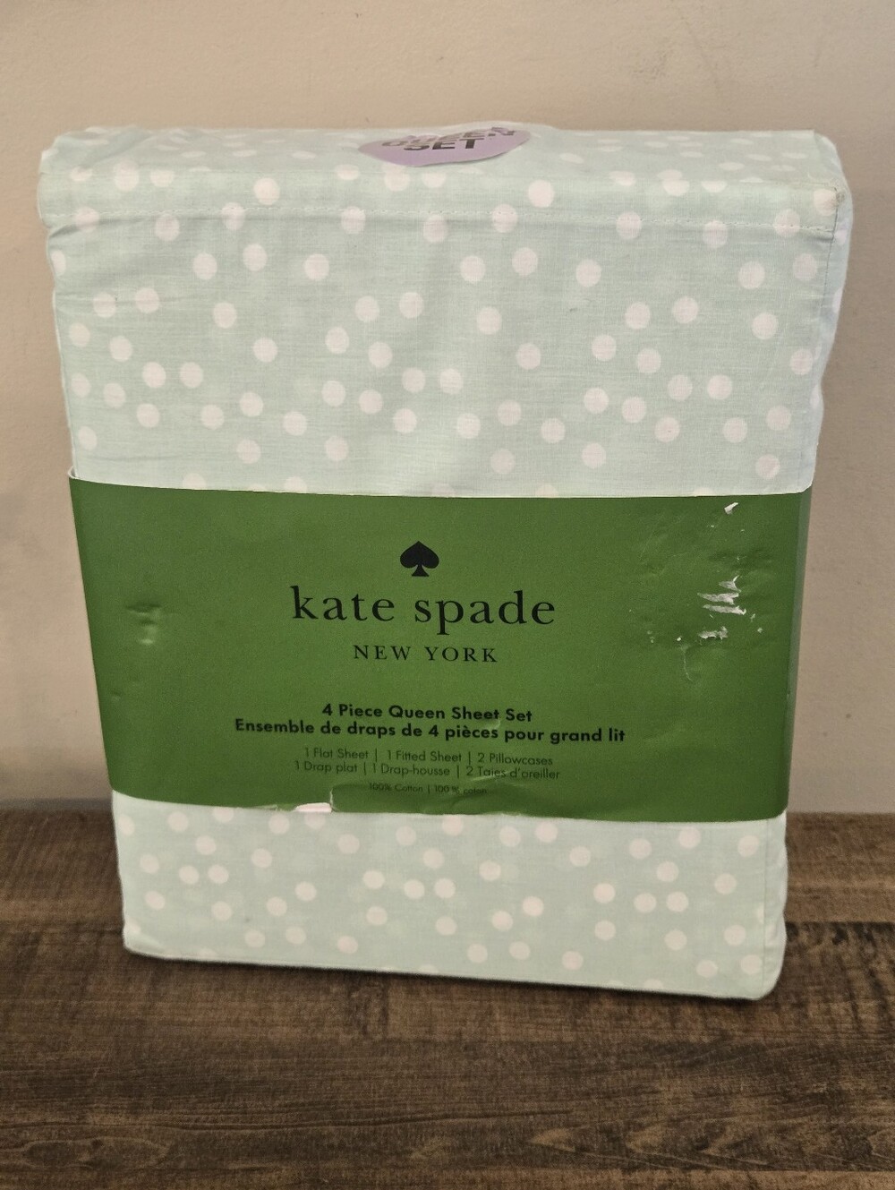 NEW Kate Spade Light Blue Mint & White Polka Dot Queen Sheet Set Holiday Scatter